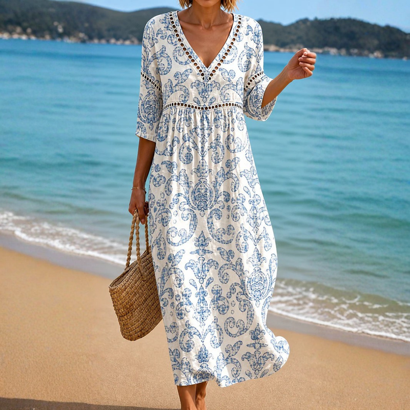 Luria | Soft Midi Dress With Classic Blue Pattern