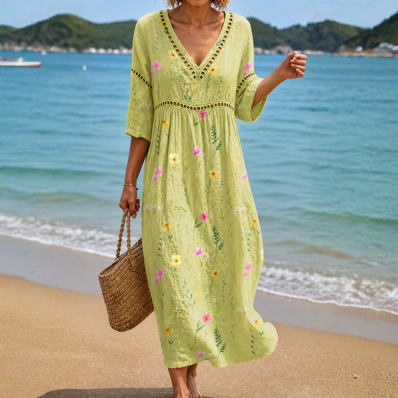 Daroline | Light Green Midi Dress With Delicate Flowers
