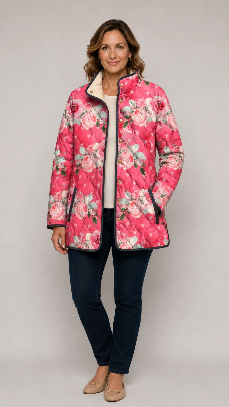Miroline | Charming Pink Floral Print Quilted Jacket