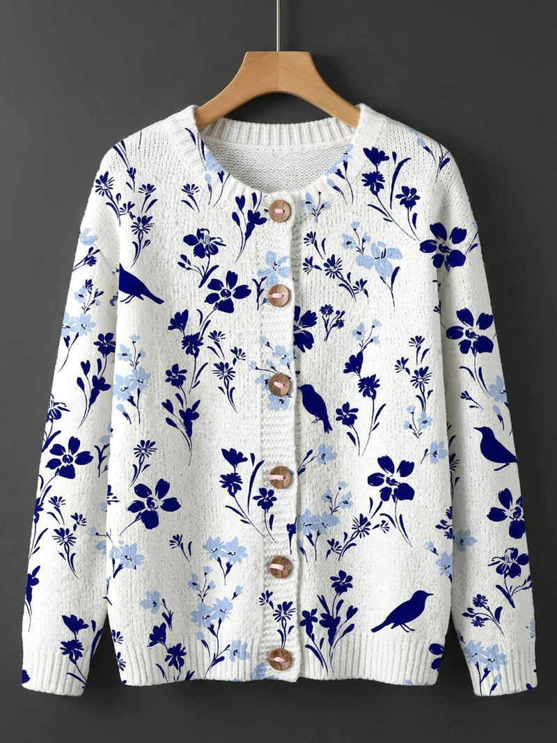 Lorper | Vintage Floral Bird Print Button-Front Cardigan Sweater