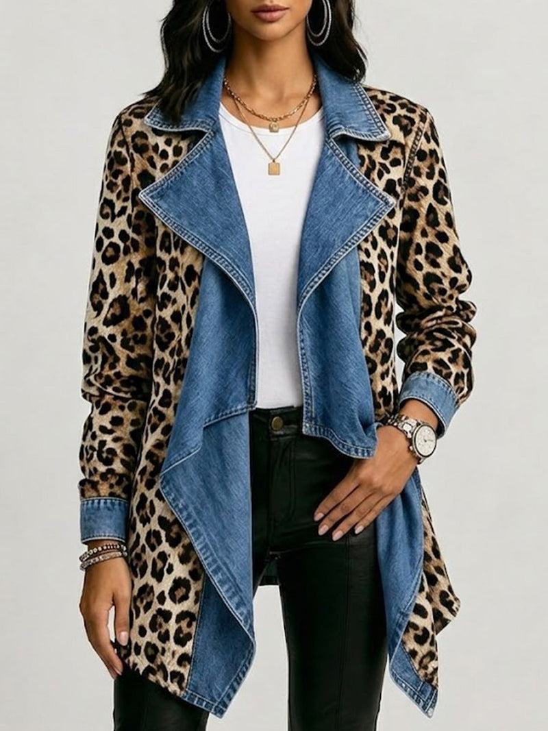 Dolia | Leopard Print and Washed Denim Panelled Mid Length Jacket
