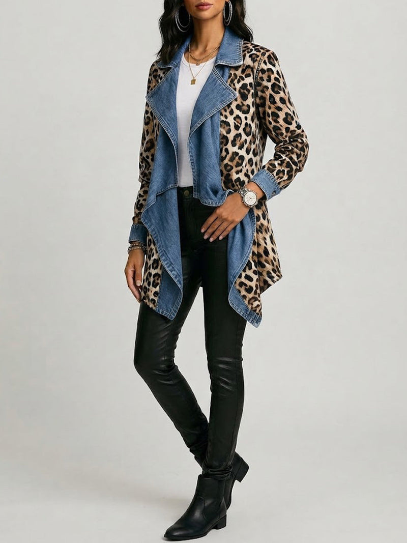 Dolia | Leopard Print and Washed Denim Panelled Mid Length Jacket
