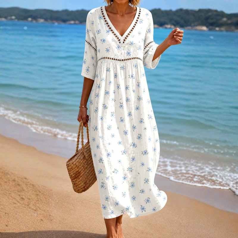 Rouline | Soft Summer Midi Dress With Small Blue Flowers