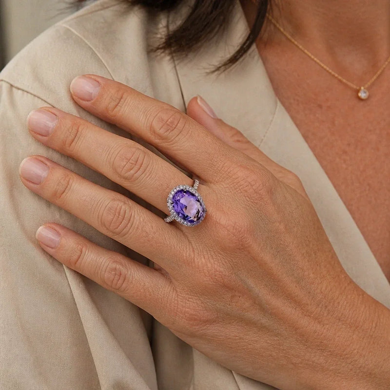 Bena | Silver Ring with Oval Amethyst and Zirconia