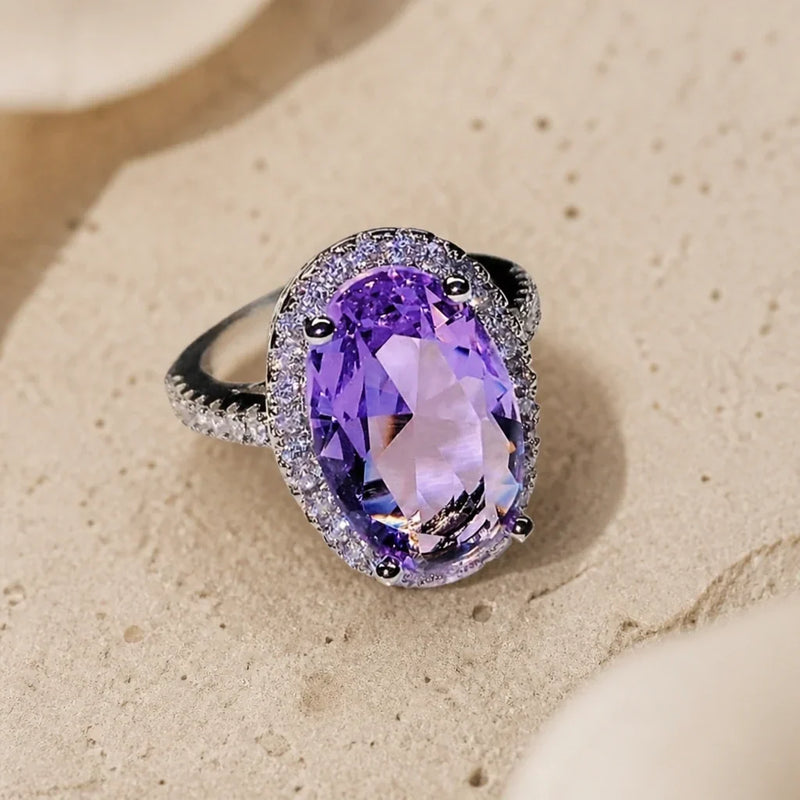 Bena | Silver Ring with Oval Amethyst and Zirconia