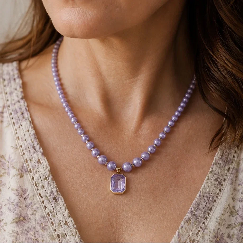 Marcy | Amethyst Pendant Necklace with Pearl Chain