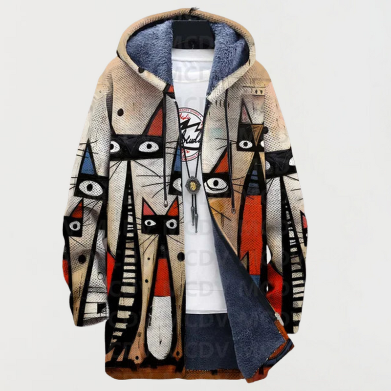 Flnes | Abstract Patterned Coat Featuring a Cat Design