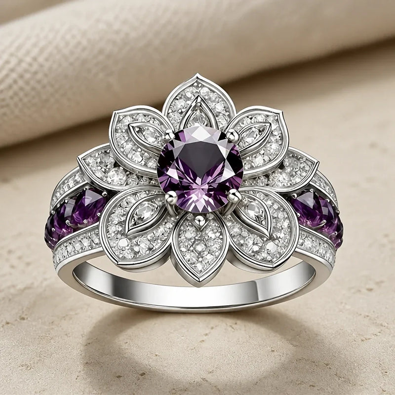 Dara | Silver Ring with Purple Lotus Design