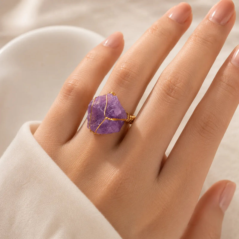 Emby | Gold Ring with Wrapped Amethyst Crystal