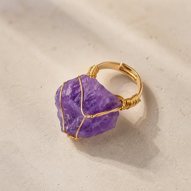 Emby | Gold Ring with Wrapped Amethyst Crystal