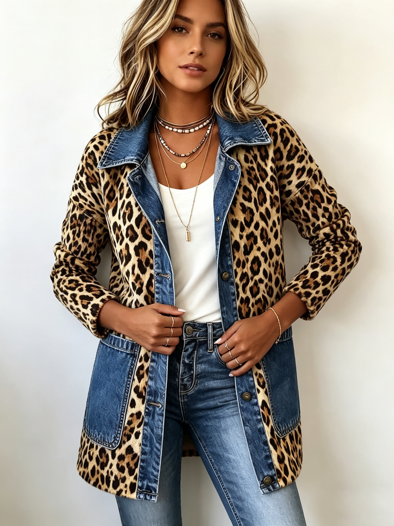 Olssica | Leopard Print Denim Panel Contrast Longline Jacket