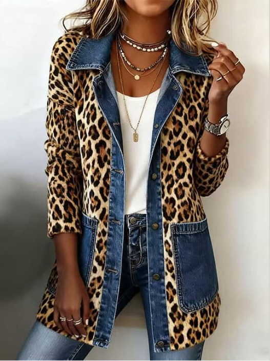 Olssica | Leopard Print Denim Panel Contrast Longline Jacket
