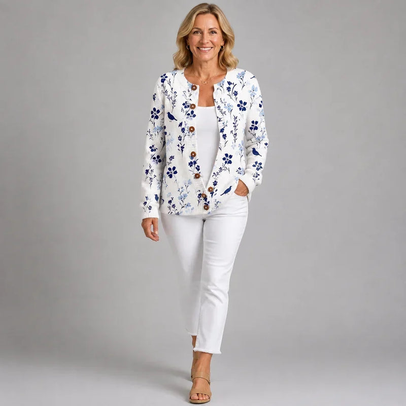 Lorper | Vintage Floral Bird Print Button-Front Cardigan Sweater
